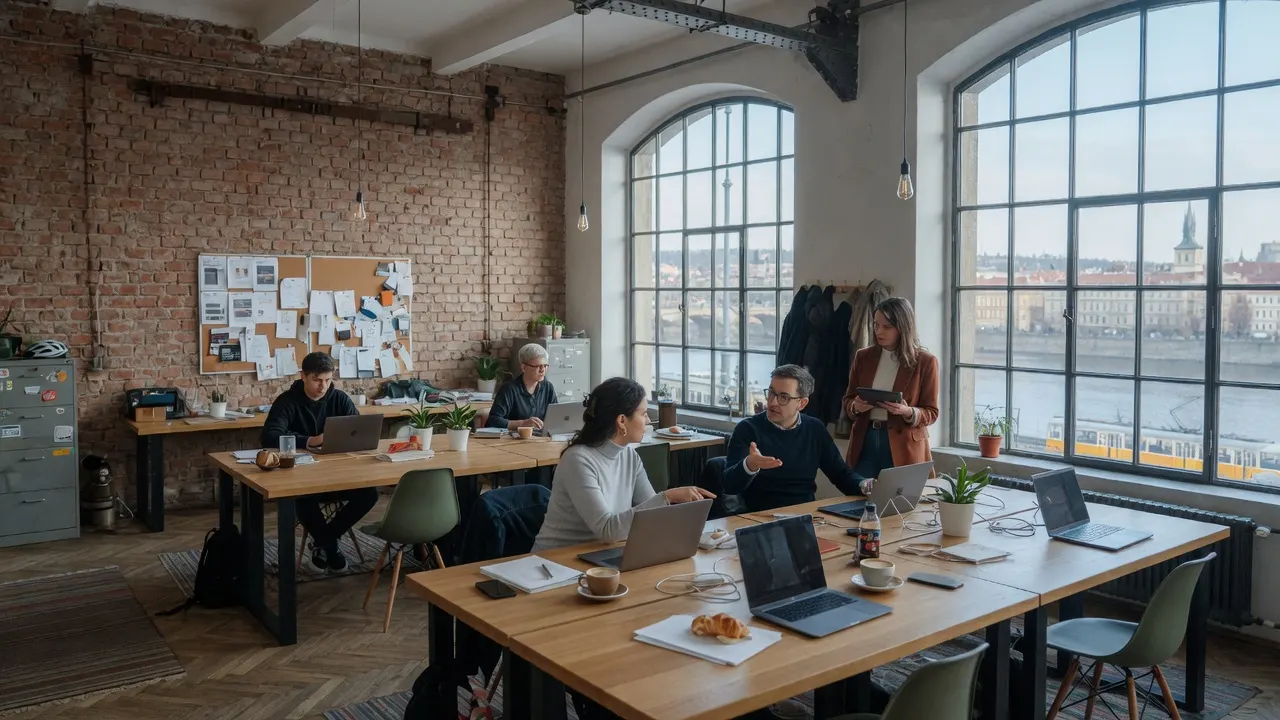 Coworking v pražském industriálním loftu s výhledem na řeku