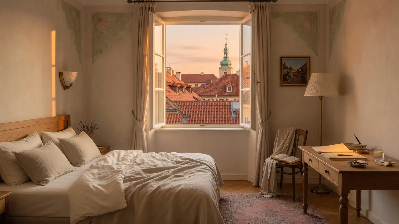 Hotelový pokoj s výhledem na pražské střechy a věž kostela