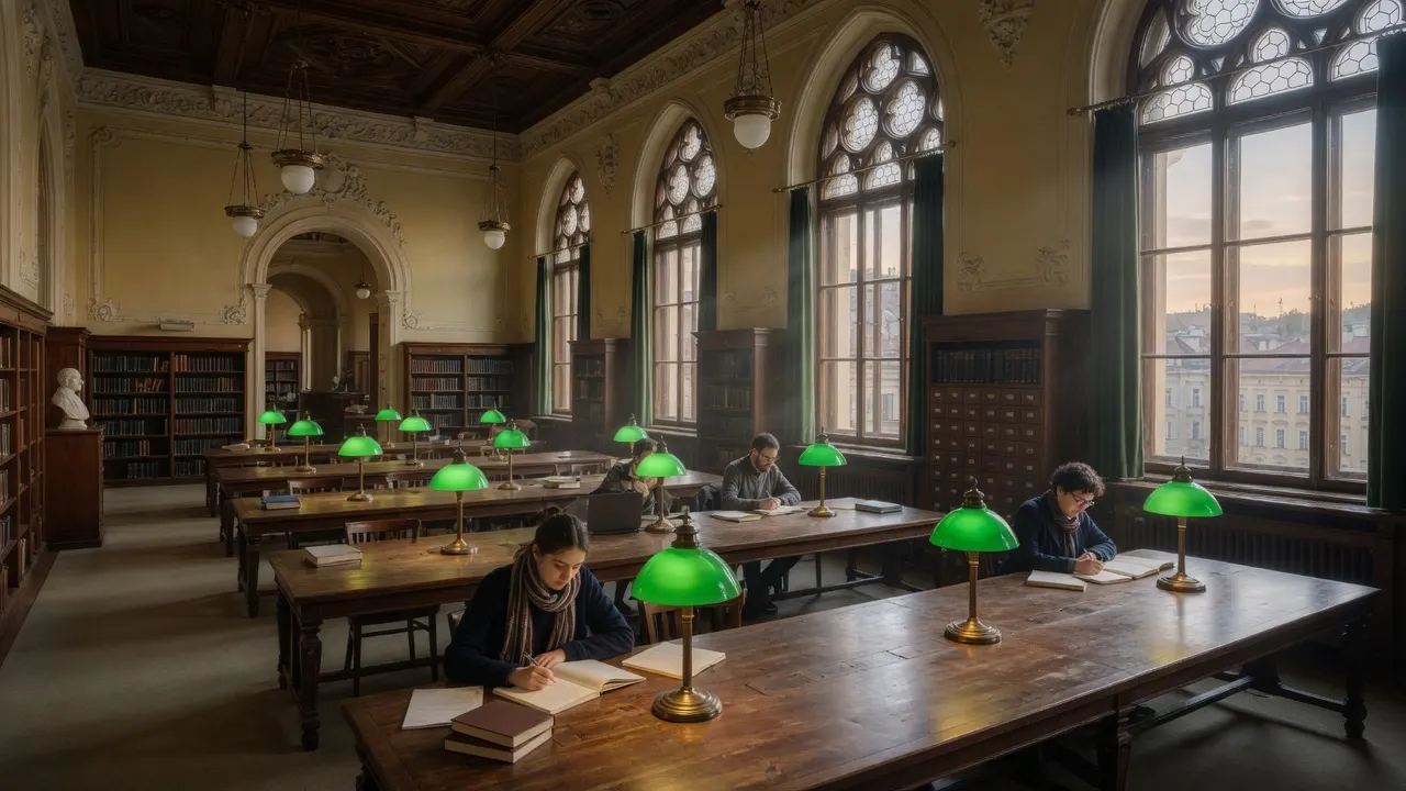 Čítárna univerzitní knihovny v Praze s dlouhými stoly a zelenými lampami