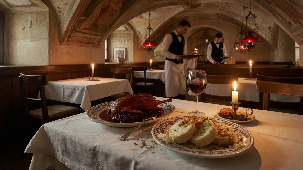 Pečená kachna s knedlíkem a vínem v klenuté pražské restauraci