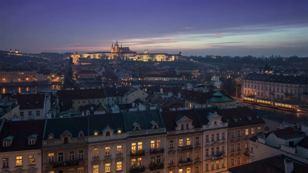 Večerní pohled na Pražský hrad a střechy Starého Města s tramvají u Vltavy