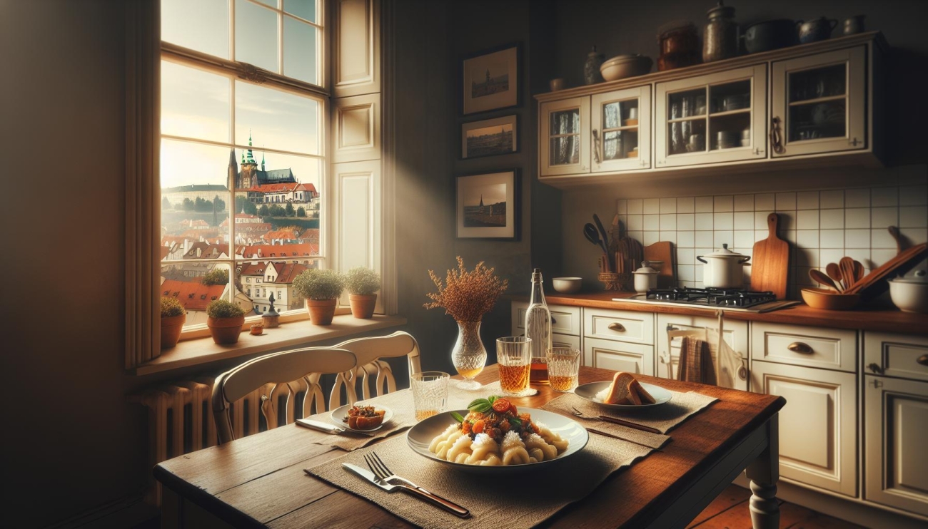 kuchyň - Výhled na Pražský hrad ​a halušky, co vás dostanou