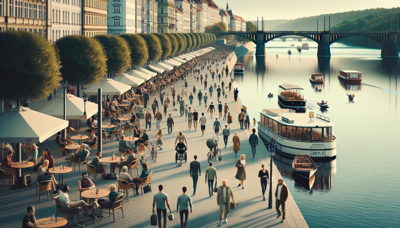 Náplavka Rašínovo Nábřeží - Živá Atmosféra u Řeky s Výhledem na Mosty