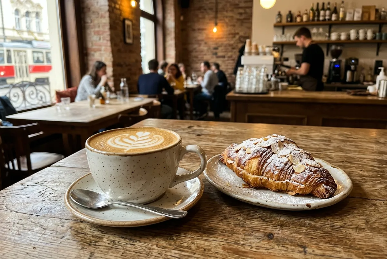 Detailní pohled na flat white a čerstvé pečivo v Barry Forme