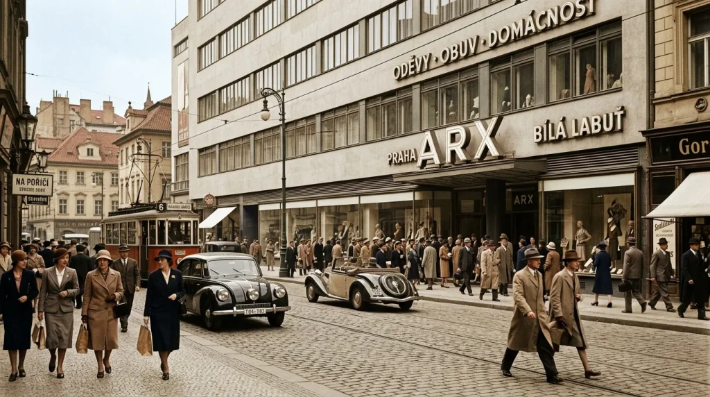 Historický obchodní dům Brouk a Babka na rušné pražské ulici ve 30. letech