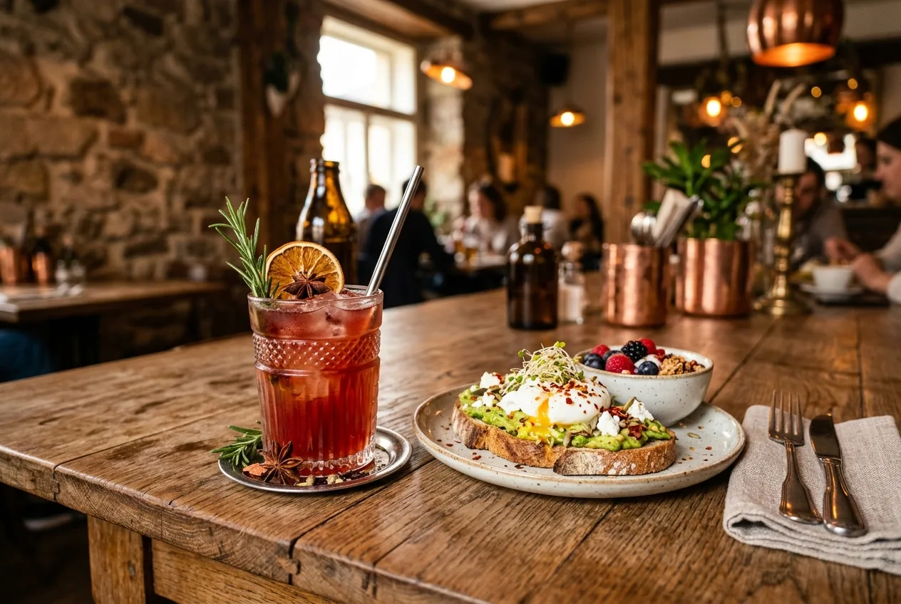 Detailní záběr na lahodný koktejl a brunch na dřevěném stole v Bullerbynu
