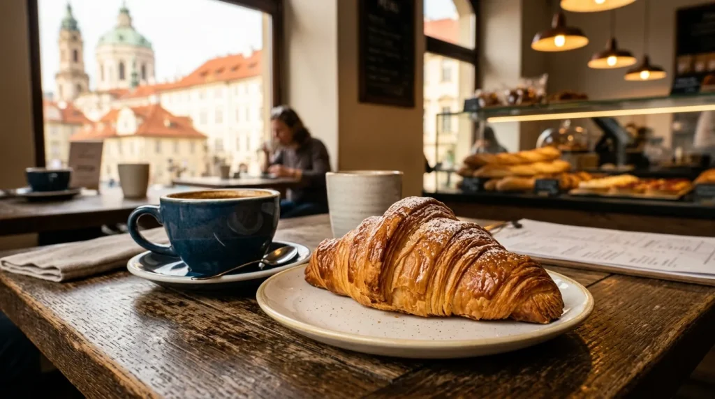 croissant praha na dřevěném stole s ranní kávou