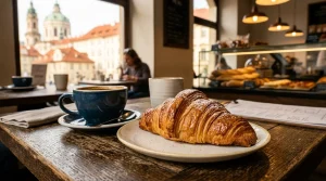 croissant praha na dřevěném stole s ranní kávou