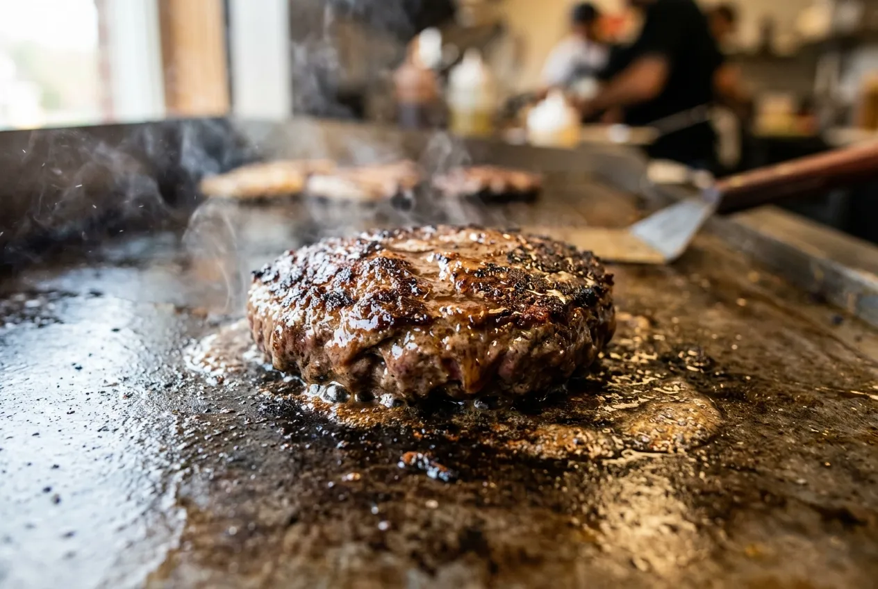 Detail přípravy smash burgeru s kvalitním hovězím masem v pražském bistru - detail