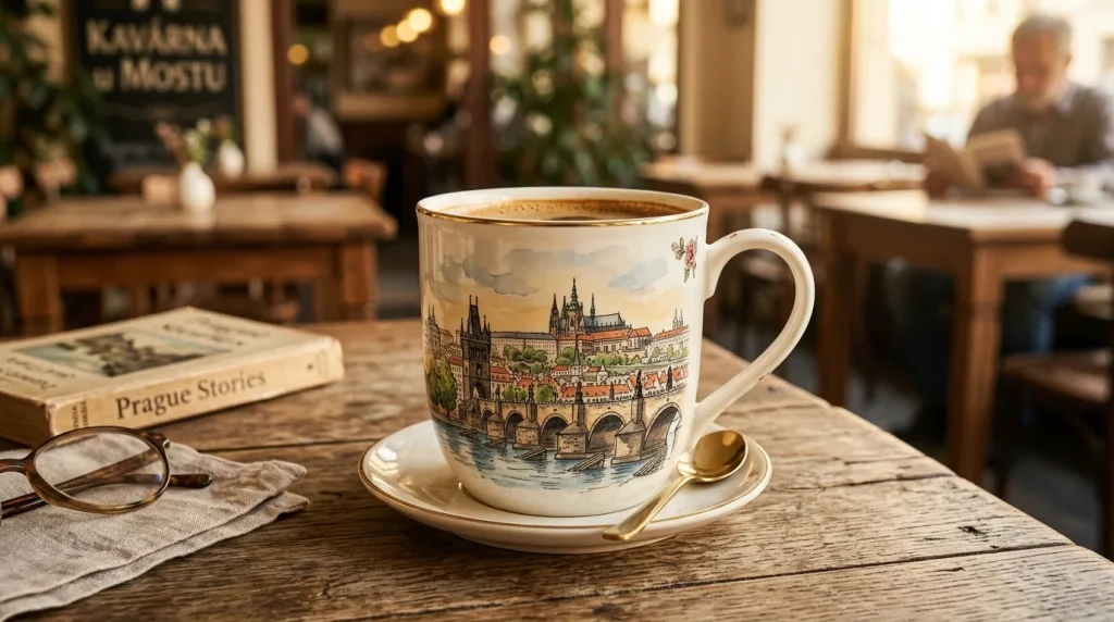 Krásný porcelánový hrnek Praha s motivem Karlova mostu a Pražského hradu.