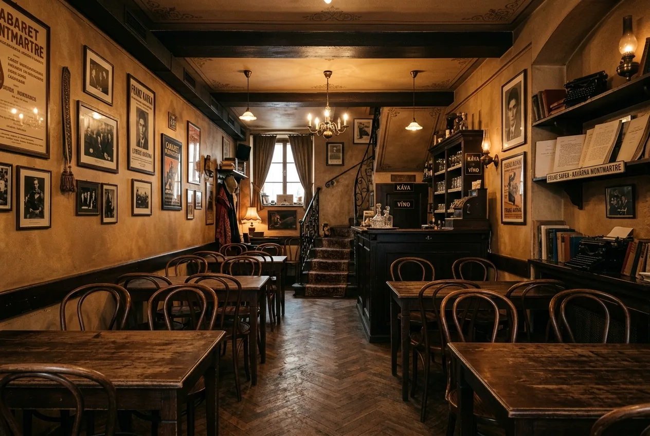 Bohémský interiér kavárny Montmartre s dobovým nábytkem