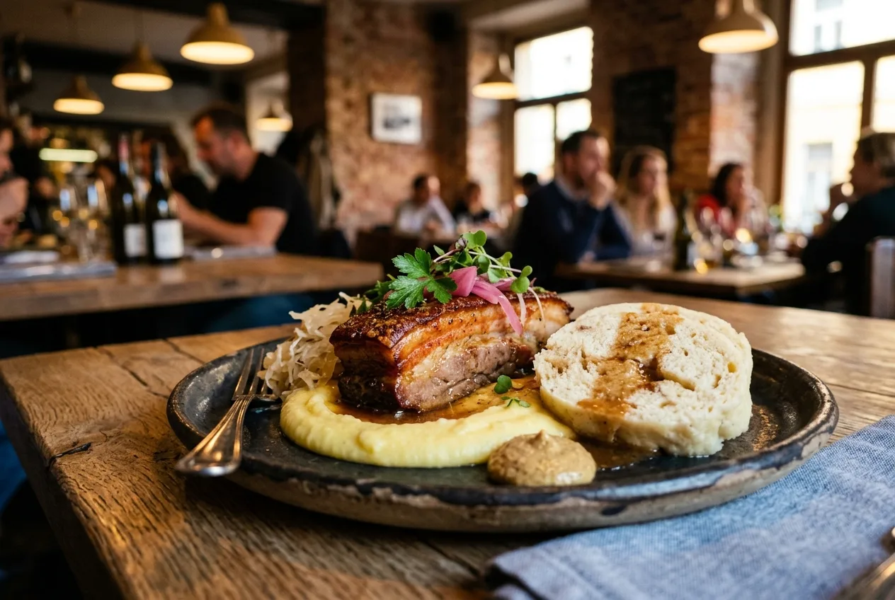 Detailní pohled na moderní české jídlo v oblíbené pražské restauraci