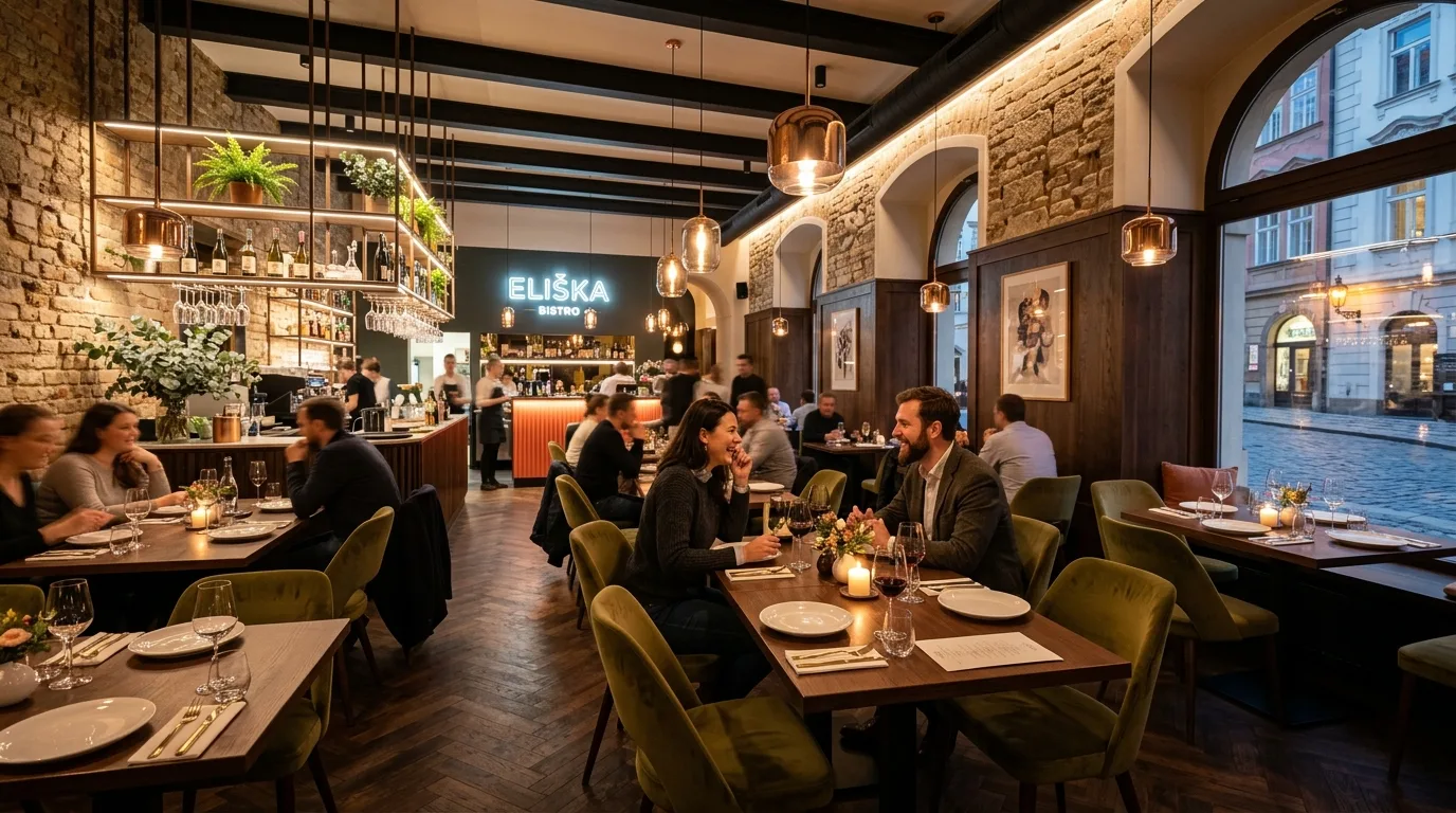 Nové restaurace v Praze: 7 skvělých objevů bez pastí na turisty 1 Interiér nově otevřené restaurace v centru Prahy s otevřenou kuchyní