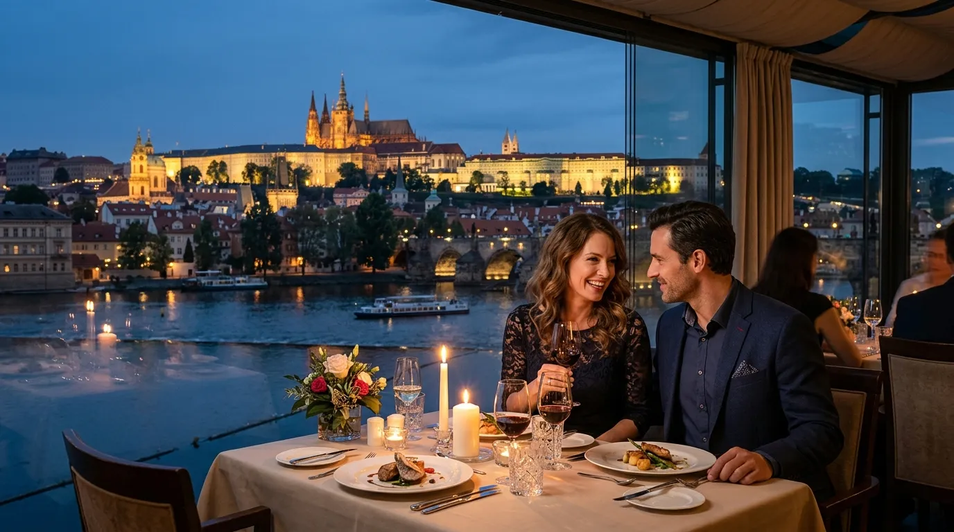 Překvapte svou polovičku: Nejlepší restaurace na rande v Praze (a 3 turistické pasti) 1 Pár si užívá romantickou večeři při svíčkách s panoramatickým výhledem na Pražský hrad v luxusní restauraci v Praze.