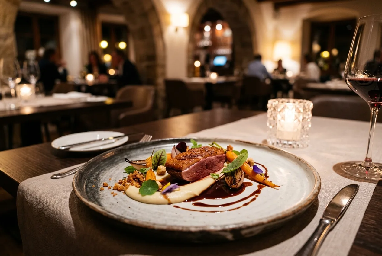 Krásně naservírovaný moderní pokrm v evropské restauraci