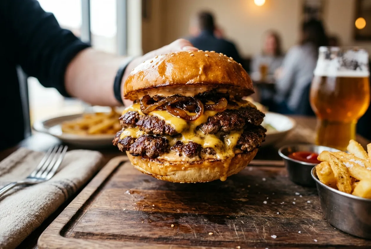 Detail přípravy smash burgeru s kvalitním hovězím masem v pražském bistru