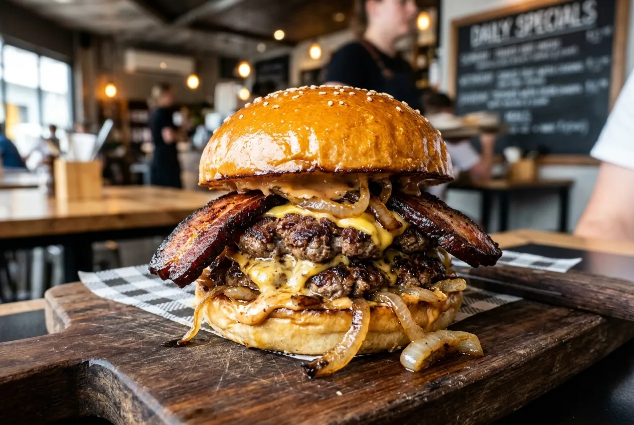 Klasický gourmet burger s vyzrálým hovězím masem v luxusní restauraci
