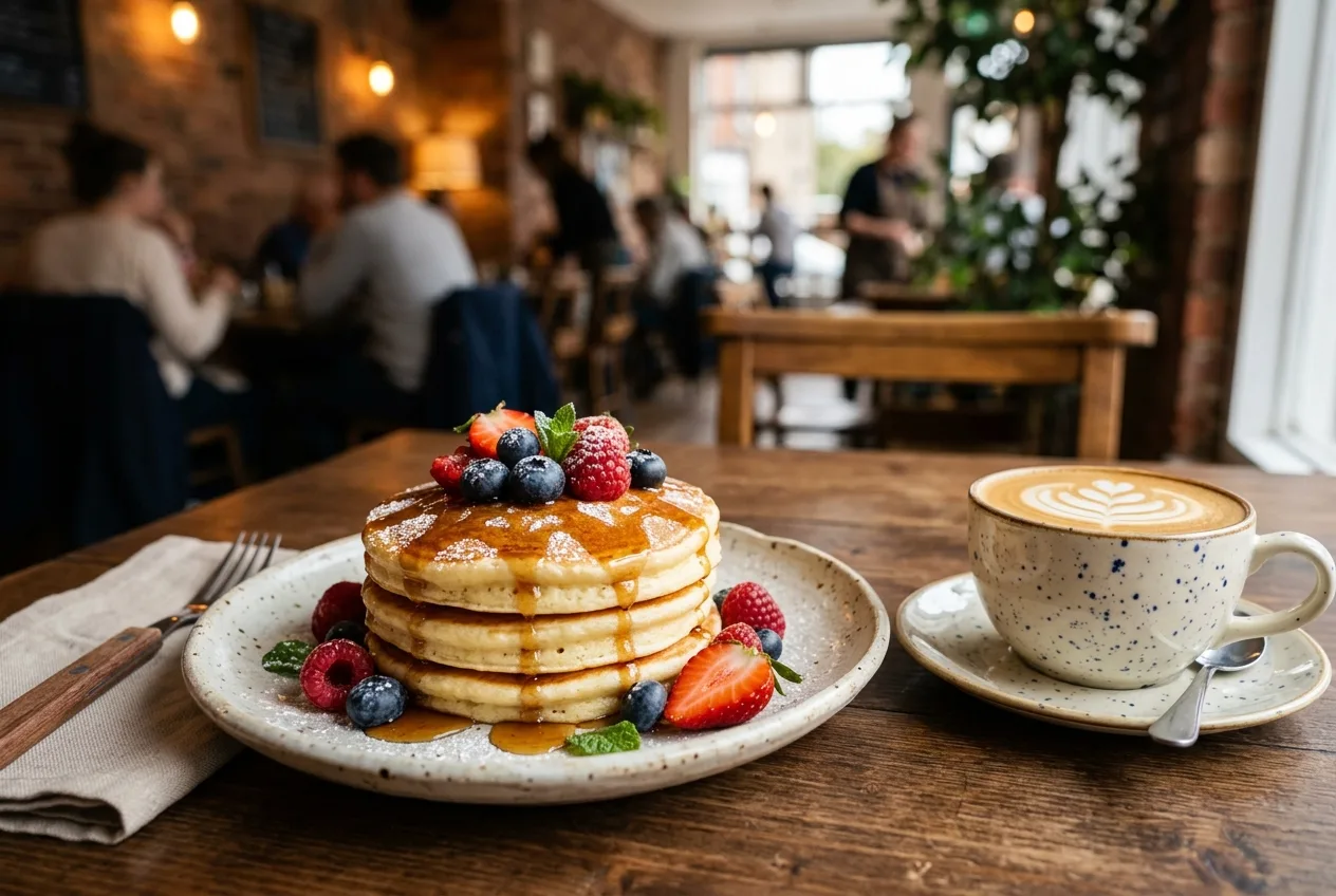 Moderní střešní kavárna v Praze nabízející sladké lívance a brunch s výhledem