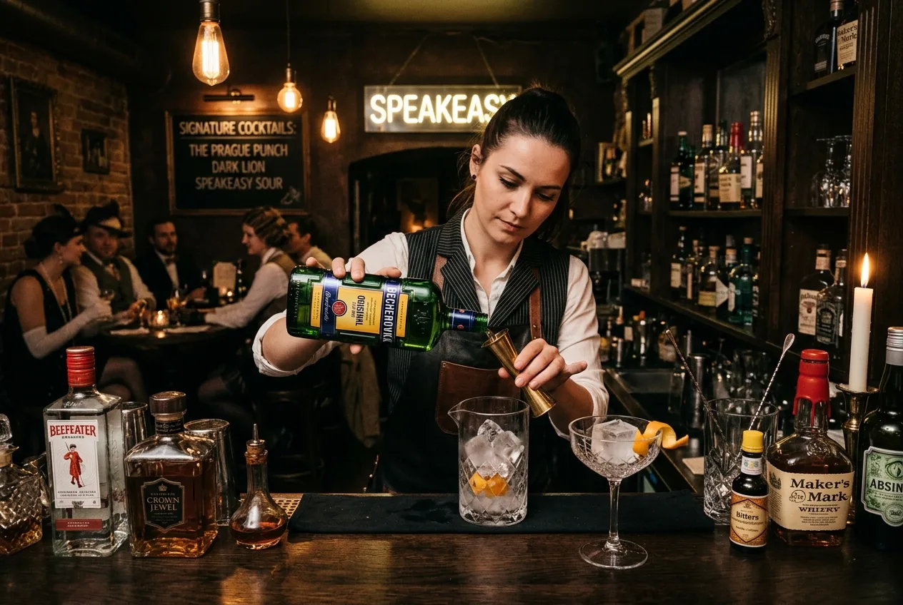 Nejlepší podniky Praha: Odhalte skrytá tajemství a špičkovou atmosféru 2 Barman připravuje signature koktejl a prémiový alkohol v tajném speakeasy baru v Praze