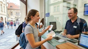 Turistka přebírající české bankovky a účtenku u pokladny prověřené směnárny v Praze