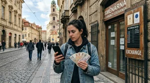 Cestovatelka kontrolující směnný kurz v mobilní aplikaci před licencovanou směnárnou na Malé Straně